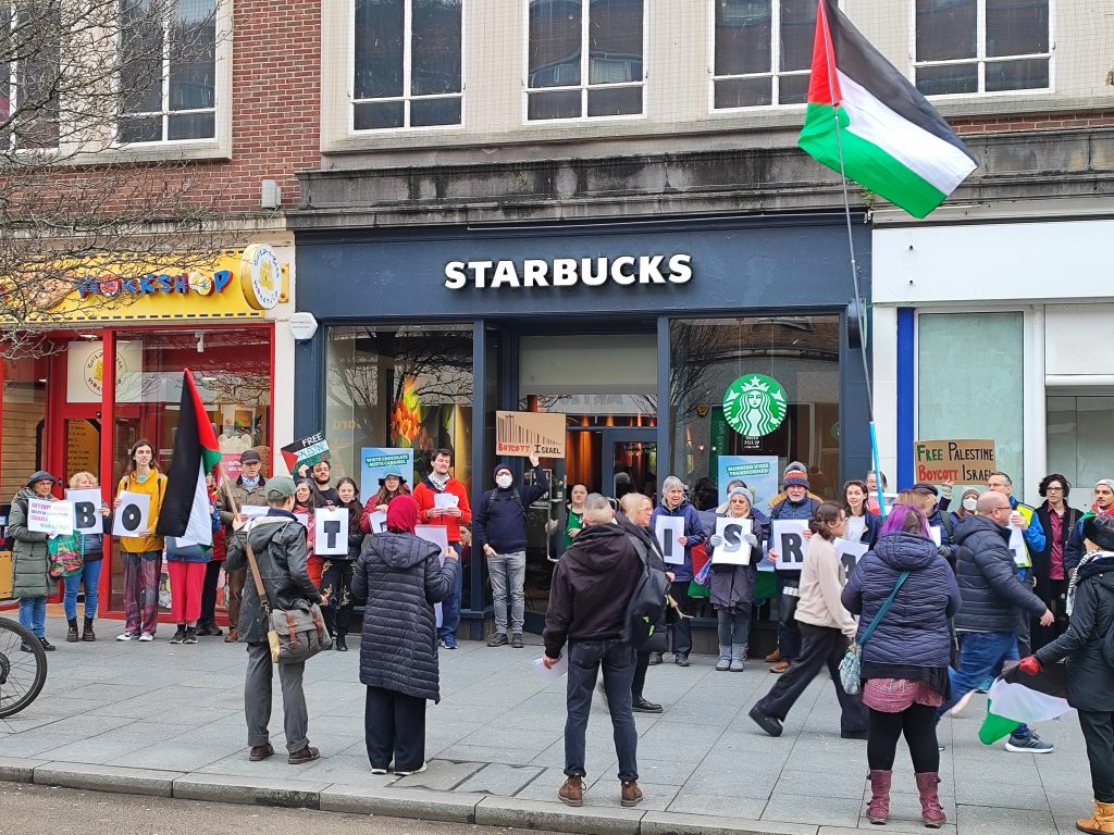 pro palestine demonstration in exeter feb 10 2024 boycott starbucks